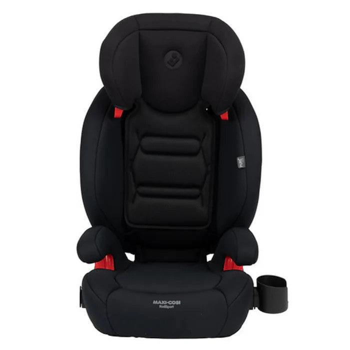 MAXI-COSI Rodisport Booster Car Seat in black with red accents and built-in cup holder