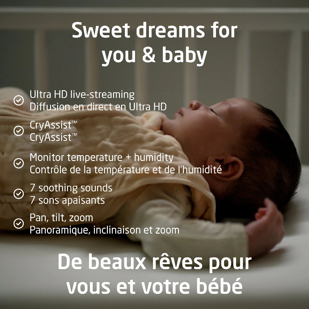 MAXI COSI See Pro 360 baby monitor in a bassinet, highlighting Ultra HD streaming, CryAssist, climate monitoring, 7 soothing sounds, pan/tilt-zoom