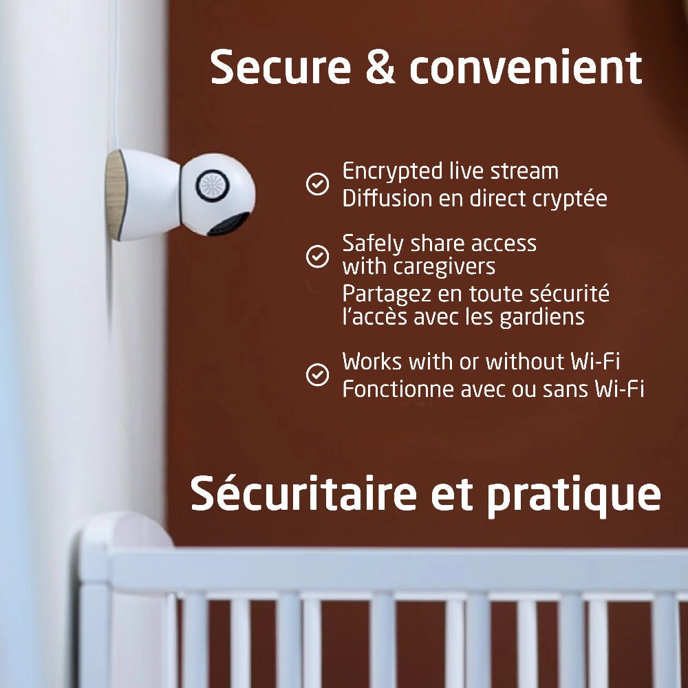 Maxi Cosi See Pro 360 baby monitor camera mounted on a white crib rail, MAXI COSI