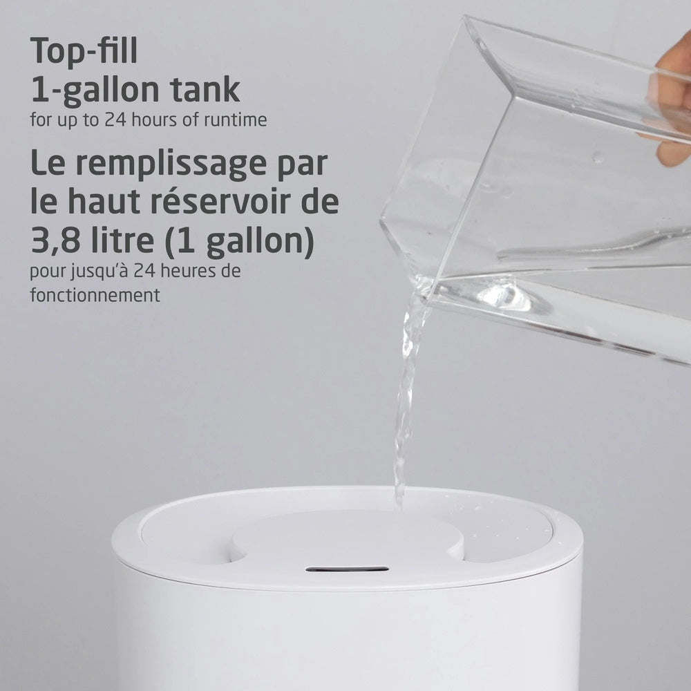 Maxi Cosi Smart Humidifier, white top-fill unit with a 1-gallon tank, pouring water to show 24-hour runtime.
