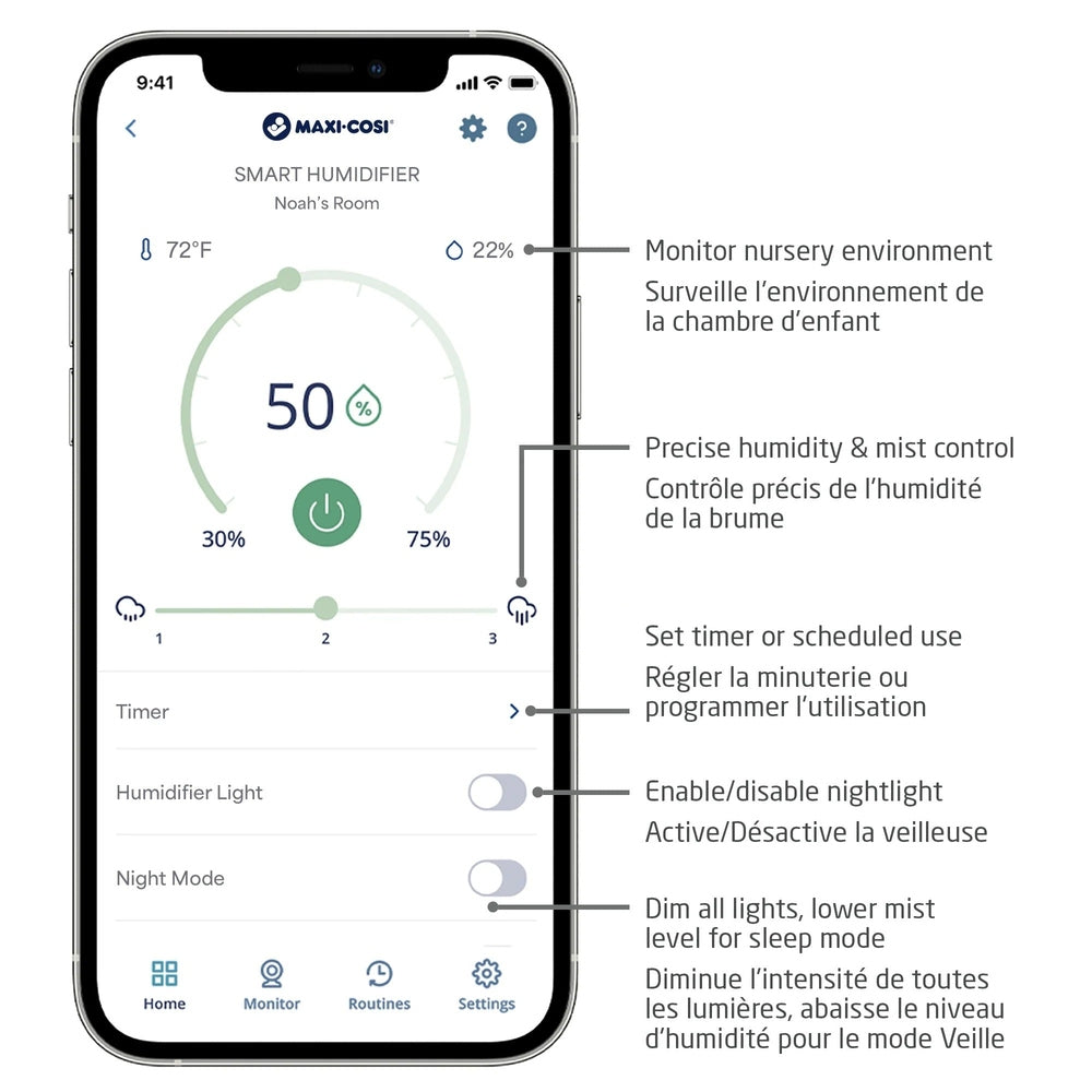 Maxi Cosi Smart Humidifier app on smartphone showing 50% humidity, 72F temp, timer and night mode controls.