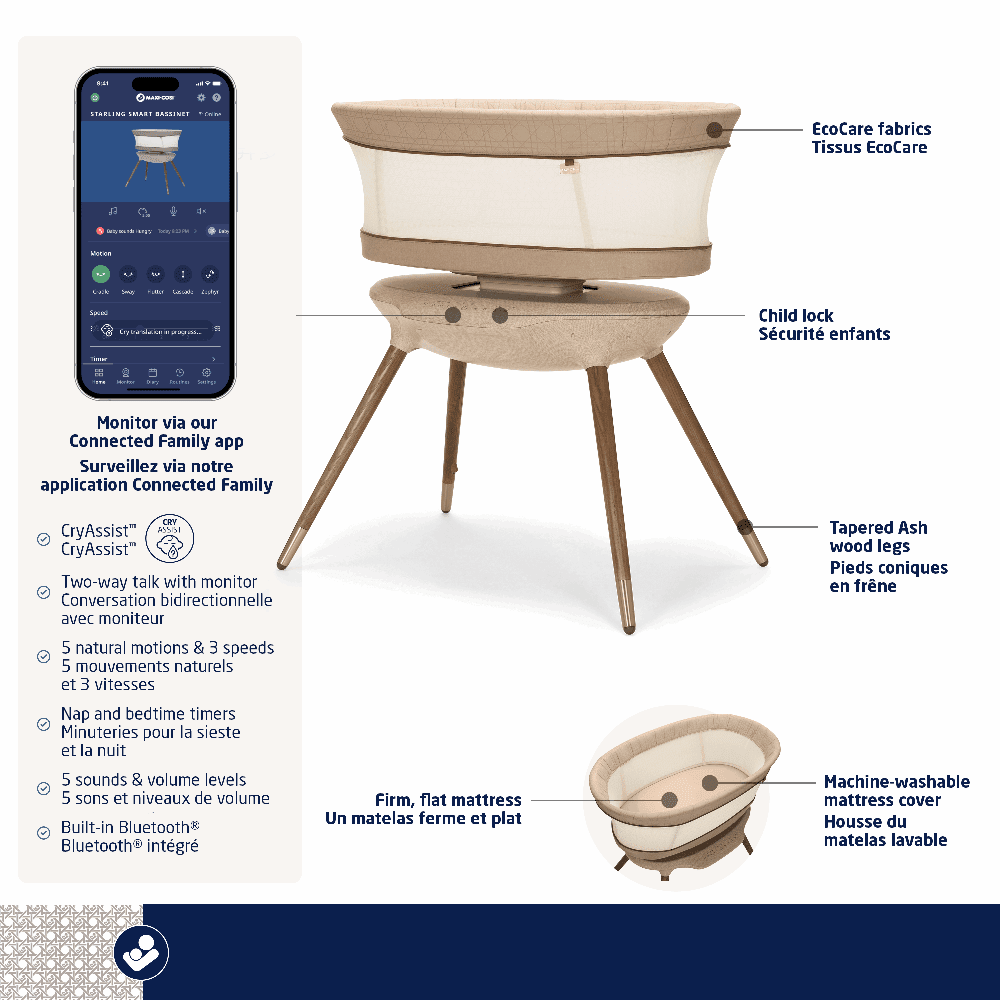 MAXI COSI Starling Smart Bassinet with beige fabric and wooden legs, featuring Connected Family app monitoring