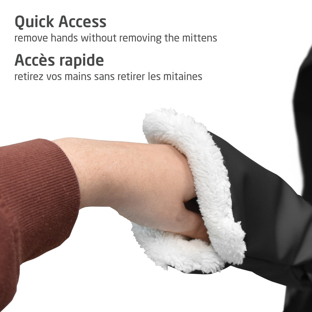 Maxi Cosi Stroller Gloves; white fluffy lining shown gripping a warm hand to keep hands cozy.