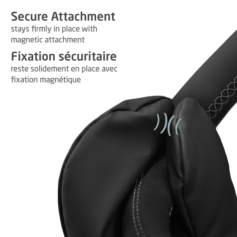 MAXI COSI Stroller Gloves in black insulated fabric, hands secured to a stroller handle with magnetic attachment.
