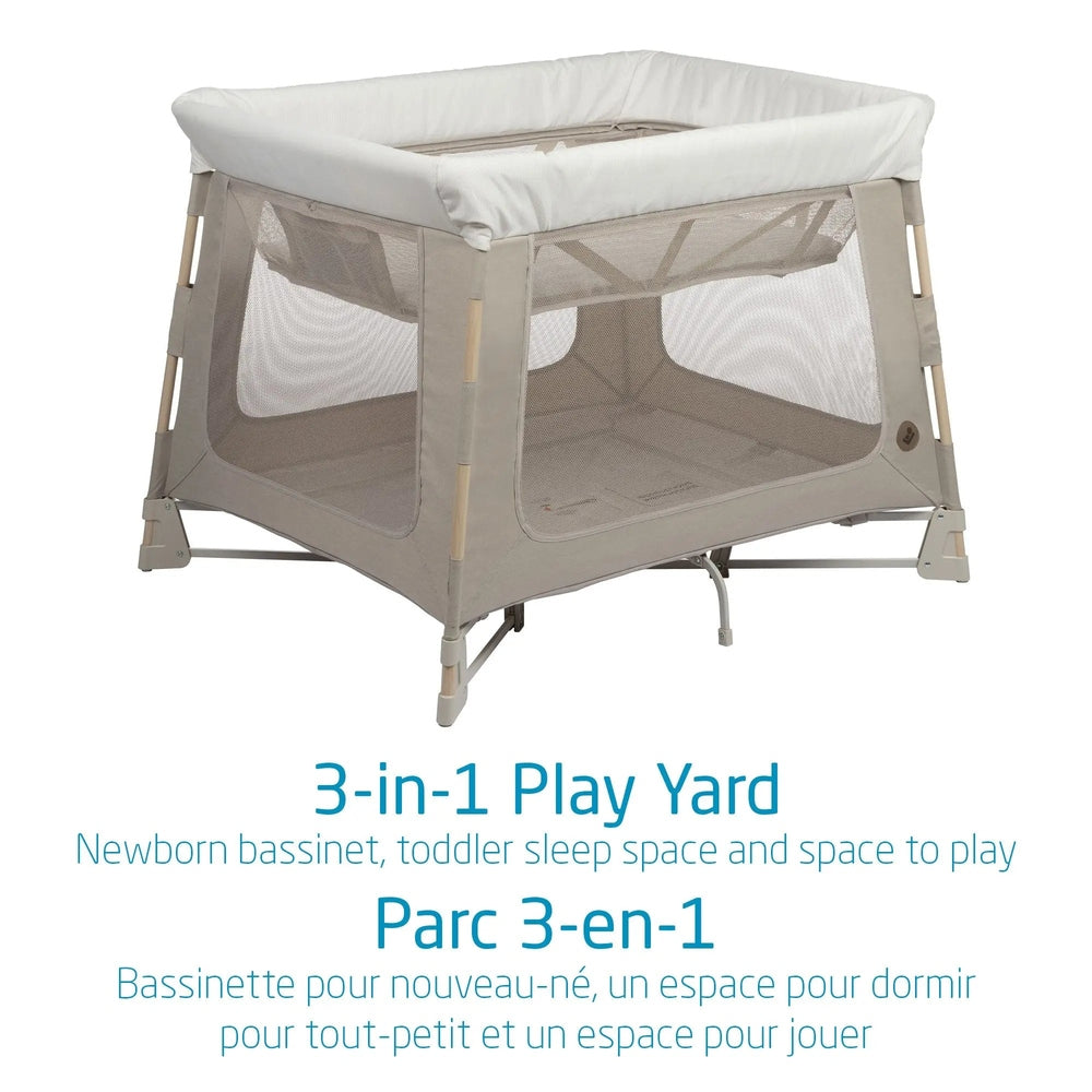 Maxi Cosi Swift Playard in beige with mesh sides and padded rail corners, ready for baby sleep.