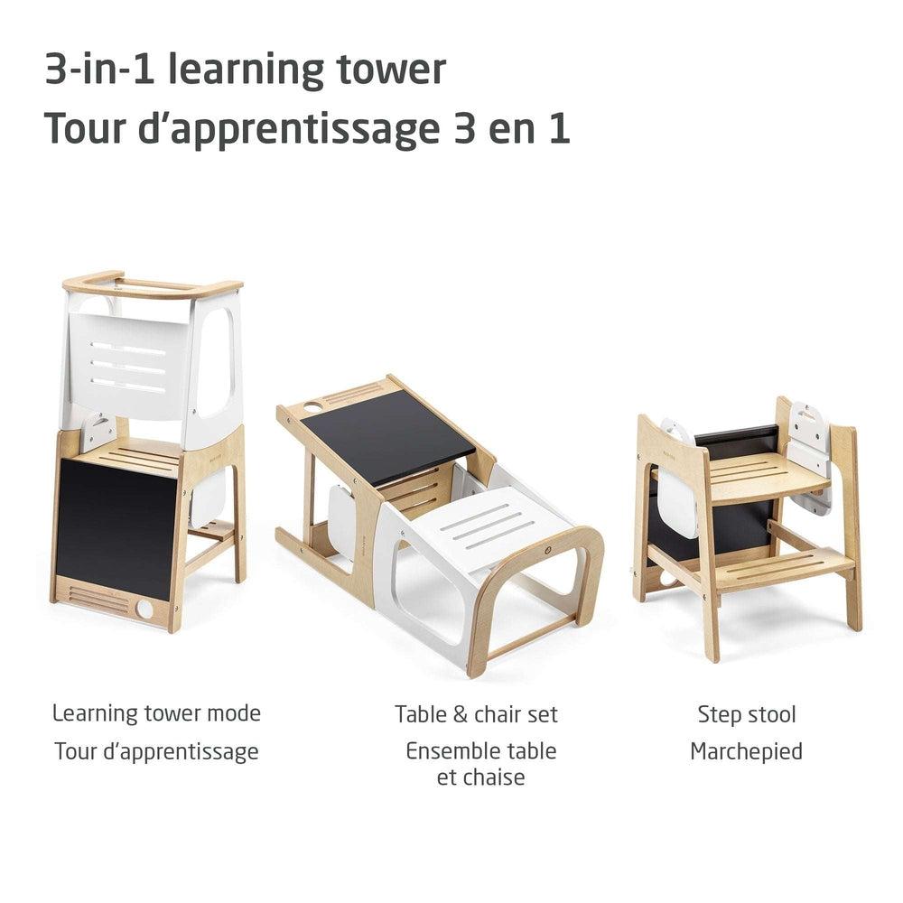 MAXI COSI 3-in-1 learning tower set with table, chair and step stool in wood and white finish