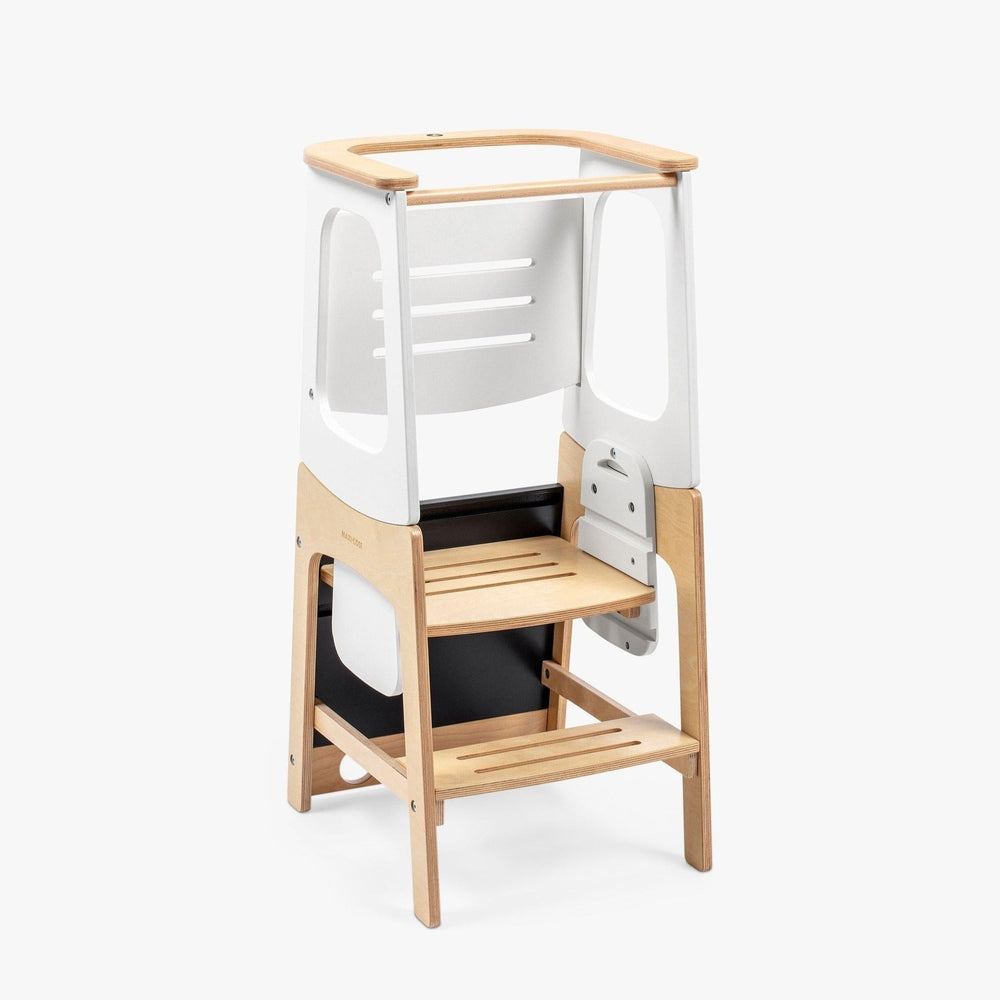 MAXI COSI Toucan 3-in-1 learning tower in white and natural wood with safety rails