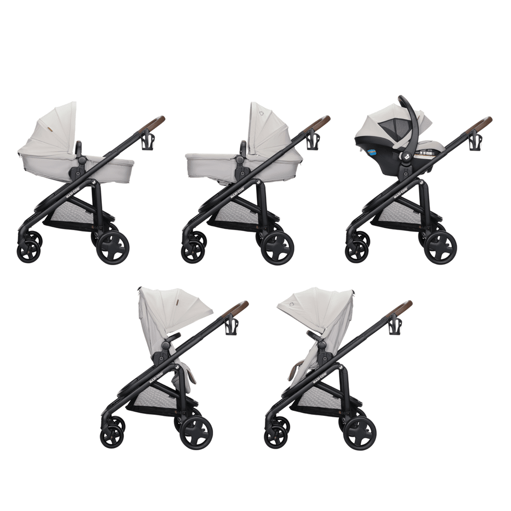 MAXI COSI Zelia Luxe 5-In-1 Modular Travel System in cream seat on black frame, shown in five configurations.