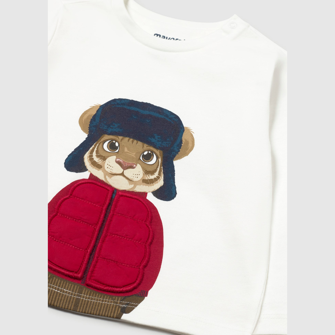 Mayoral Baby Interactive Tiger T-Shirt - Cream-Red close-up of neckline, trim and front design details