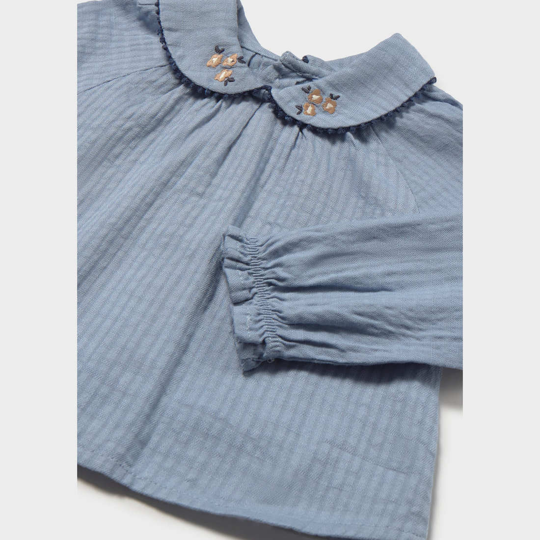 Mayoral Baby Textured Blouse - Light Blue close-up of neckline, trim and front design details