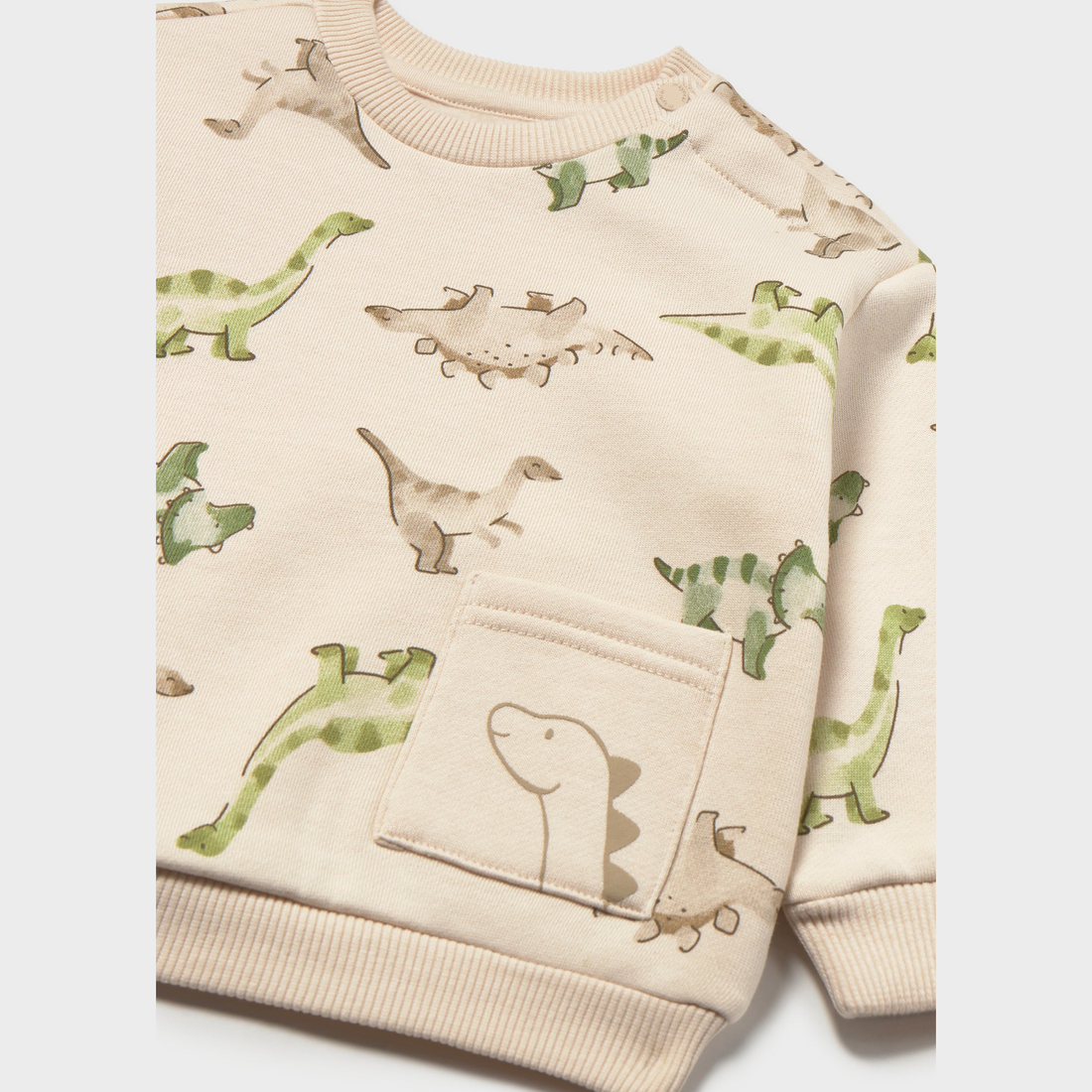Mayoral Baby Animal Pocket Sweatshirt - Light Taupe close-up of neckline, trim and front design details