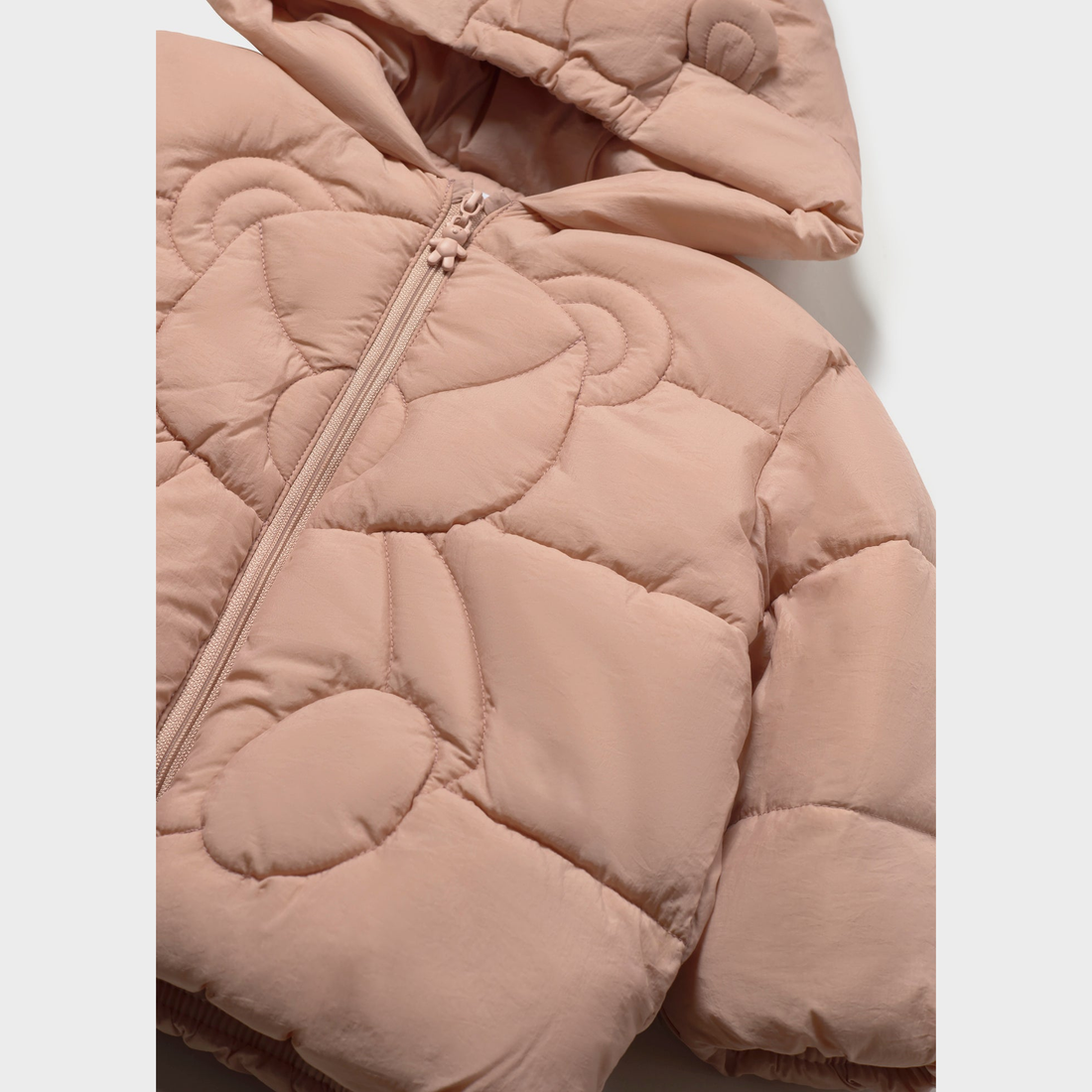 Mayoral Quilted Bear Puffer Jacket - Petisui close-up of hood, fastening and quilted design details