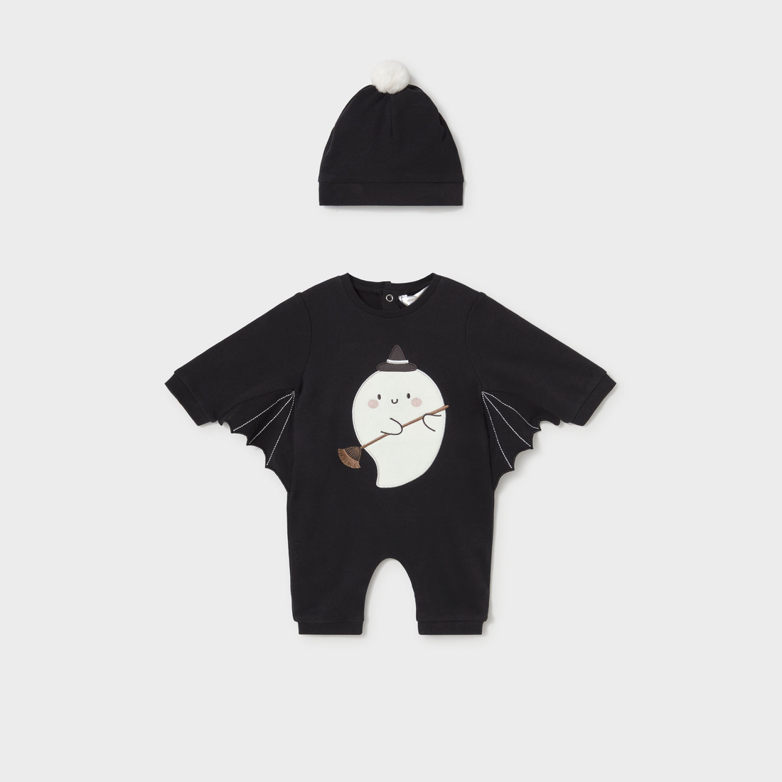 Mayoral Newborn Girl One-Piece with Hat - Black shown from the front on a clean background