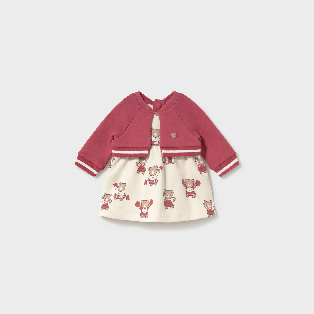 Mayoral Newborn Girl Printed Dress with Cardigan - Plum coordinated pieces arranged together