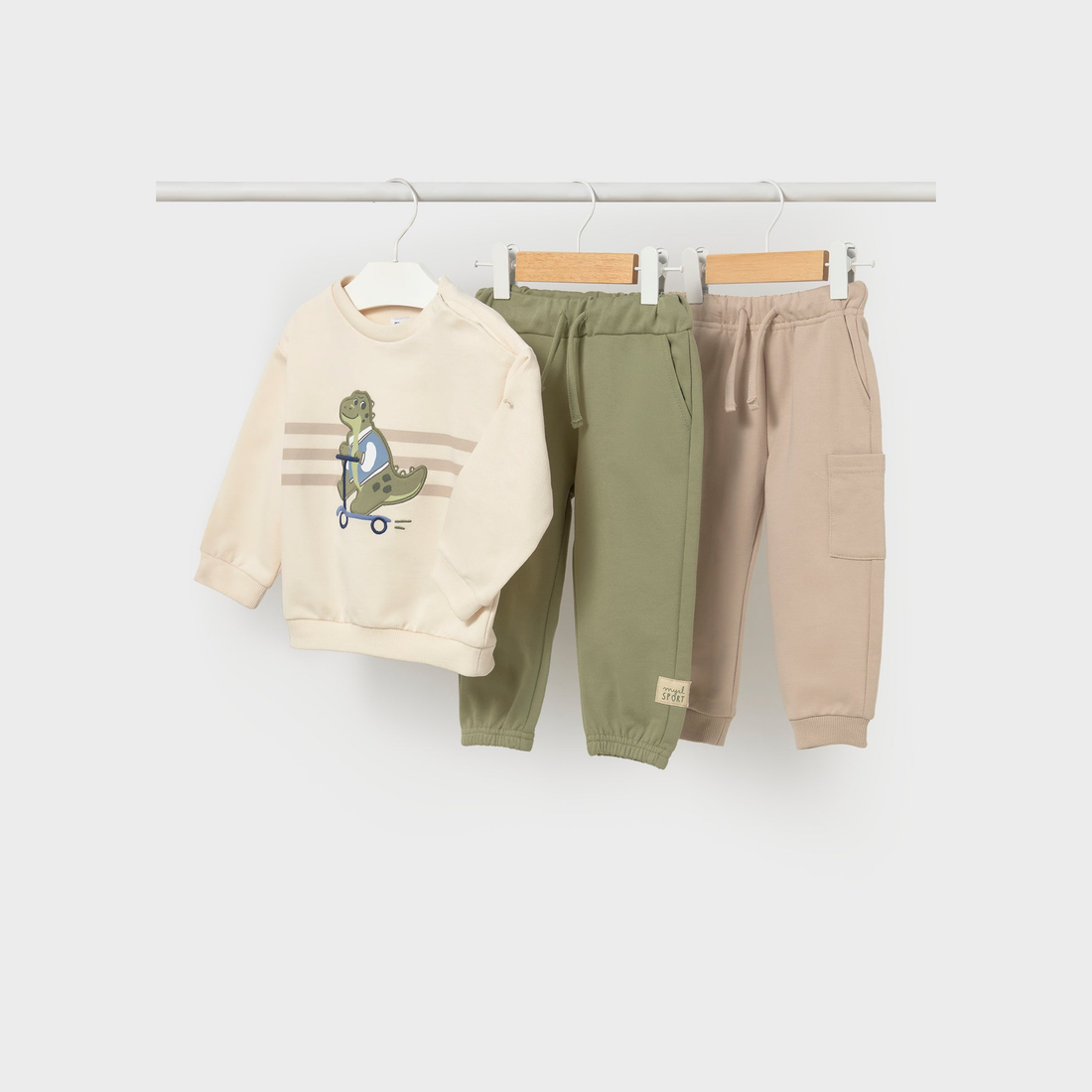 Mayoral Baby 2-Pants Tracksuit - Bayleaf coordinated pieces arranged together