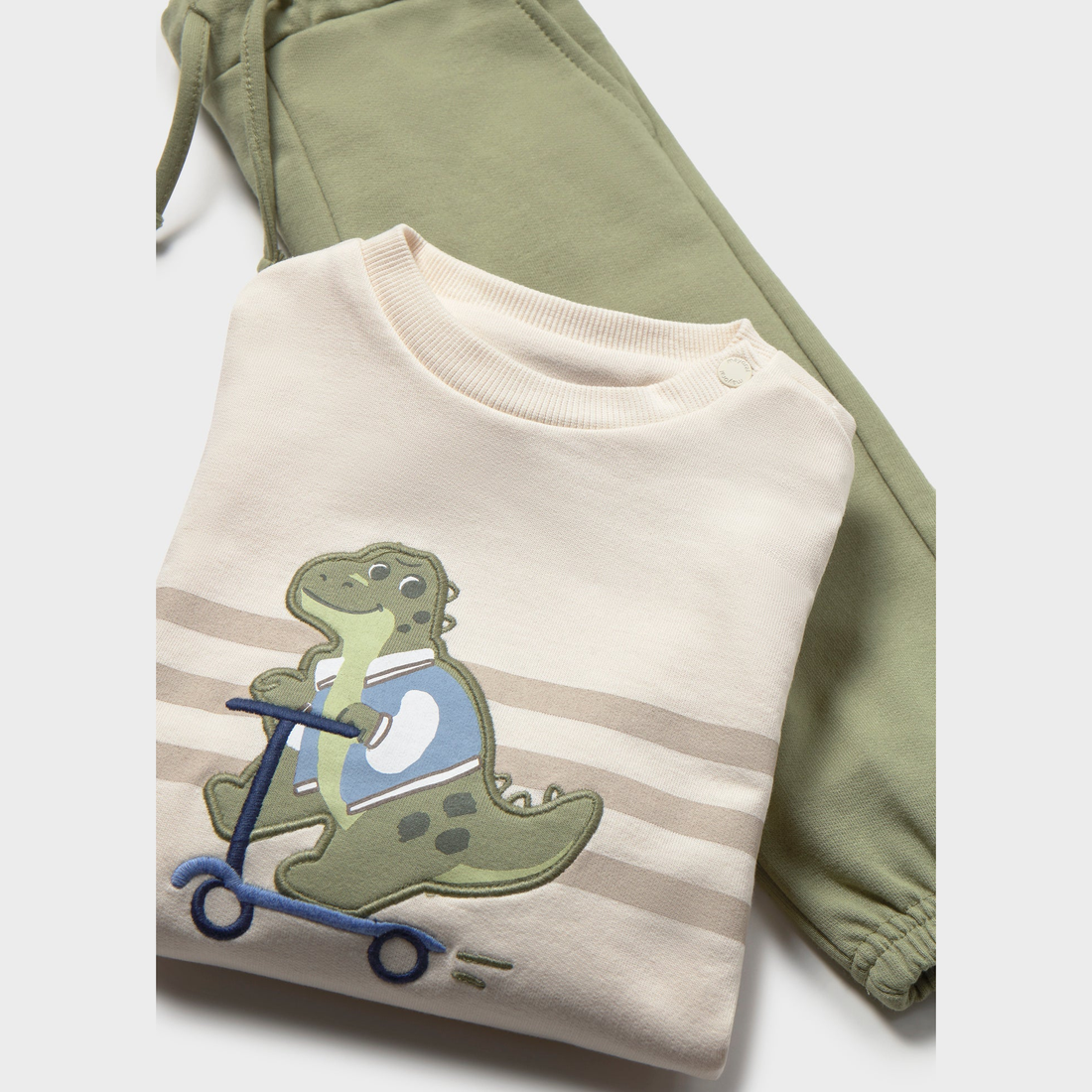 Mayoral Baby 2-Pants Tracksuit - Bayleaf close-up highlighting additional neckline, trim and front design details