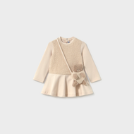Mayoral Baby Mixed Fabric Dress With Teddy Bear Bag - Light Khaki