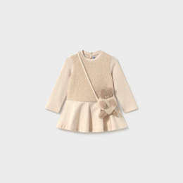 Mayoral Baby Mixed Fabric Dress With Teddy Bear Bag - Light Khaki