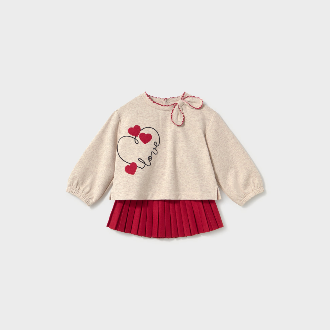 Mayoral Baby Pleated Skirt and Hearts Sweatshirt Set - Red coordinated pieces arranged together