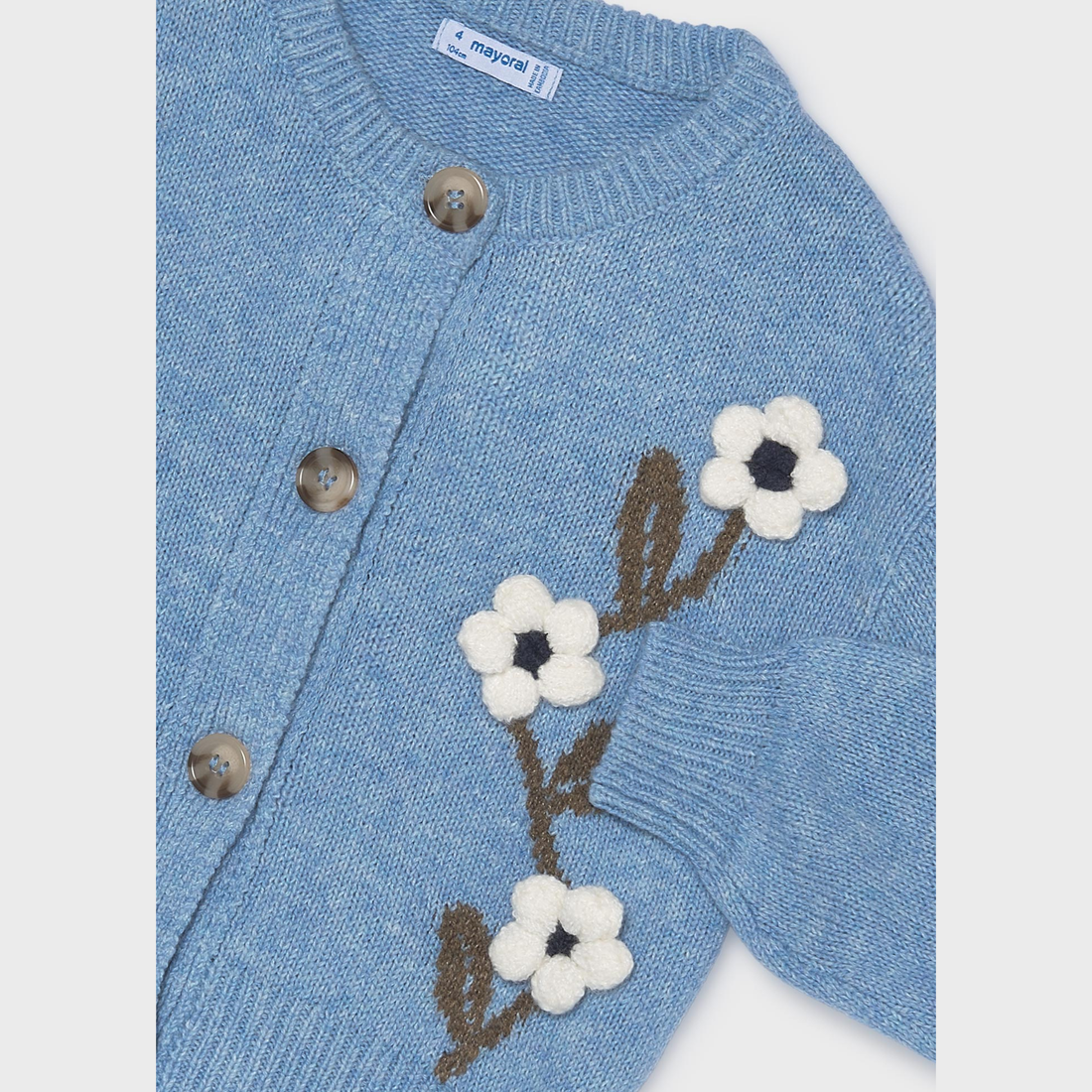 Mayoral Girl Floral Knit Cardigan - Sky Mix close-up of neckline, trim and front design details