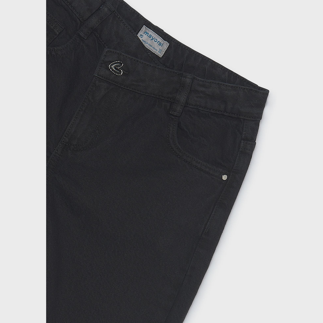 Mayoral Girl Twill Barrel Fit Pants - Black close-up of waistband, pocket and seam details
