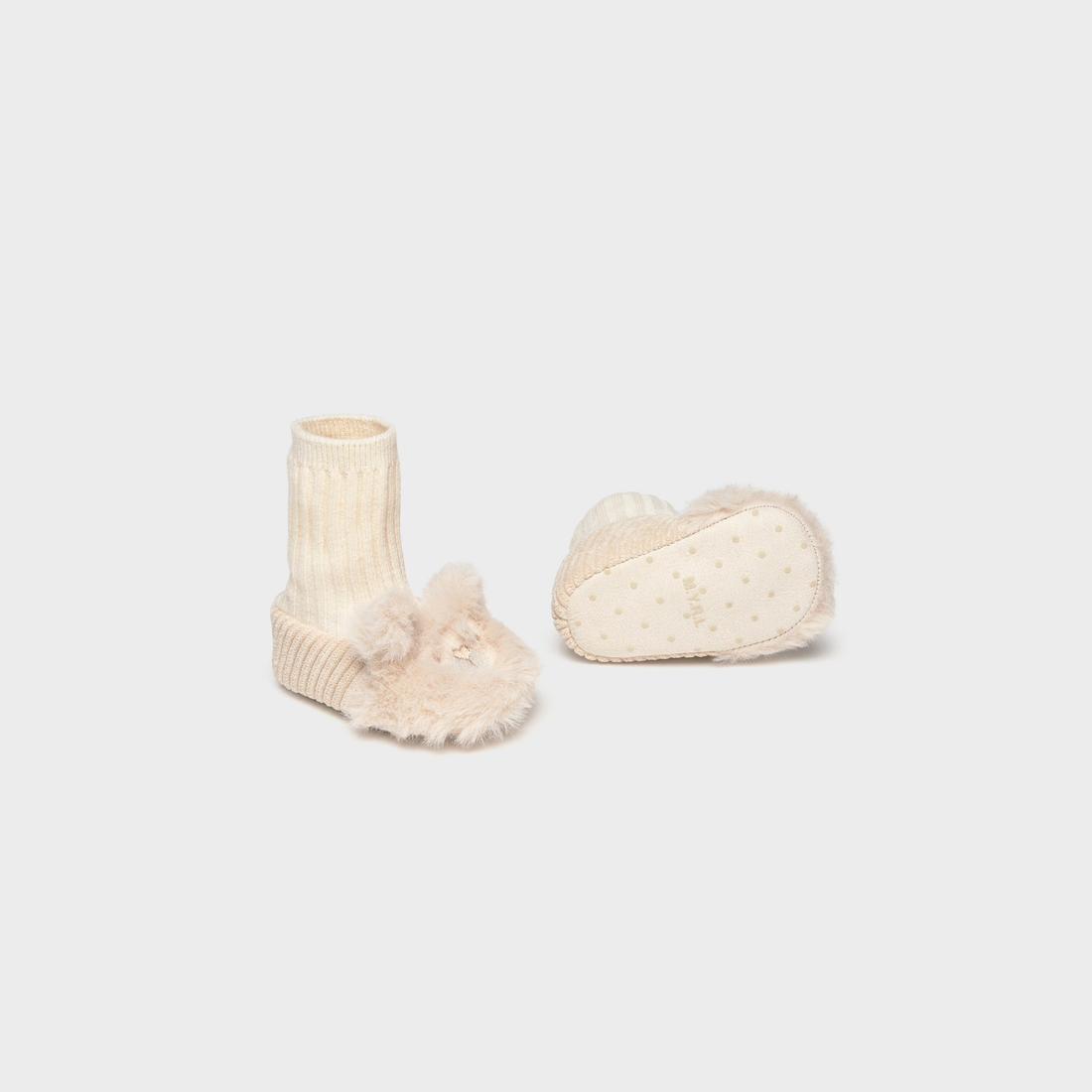 Mayoral Newborn Girl Shoes - Wheat close-up of print, trim and construction details