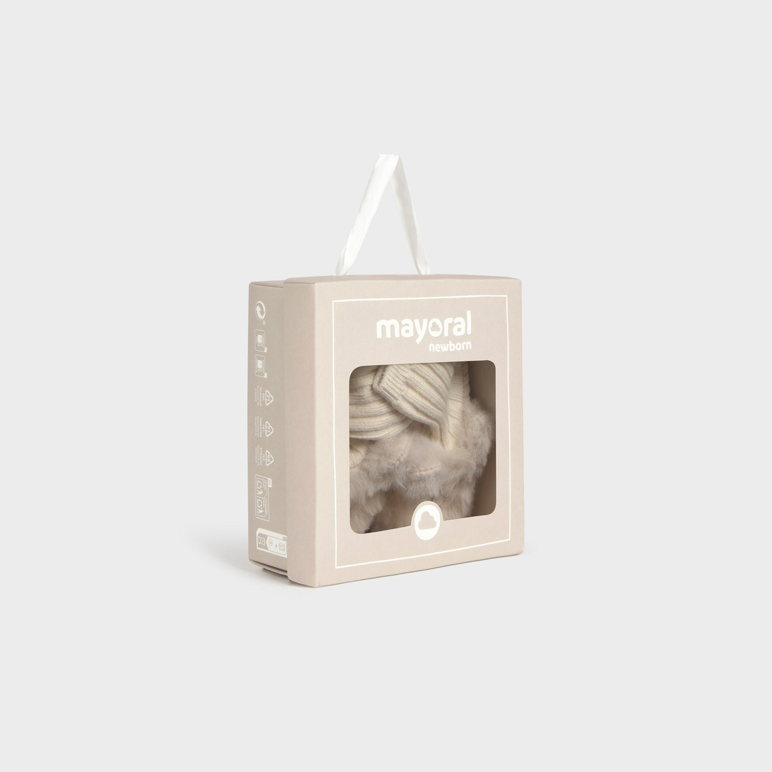 Mayoral Newborn Girl Shoes - Wheat shown in Mayoral retail packaging on a clean background