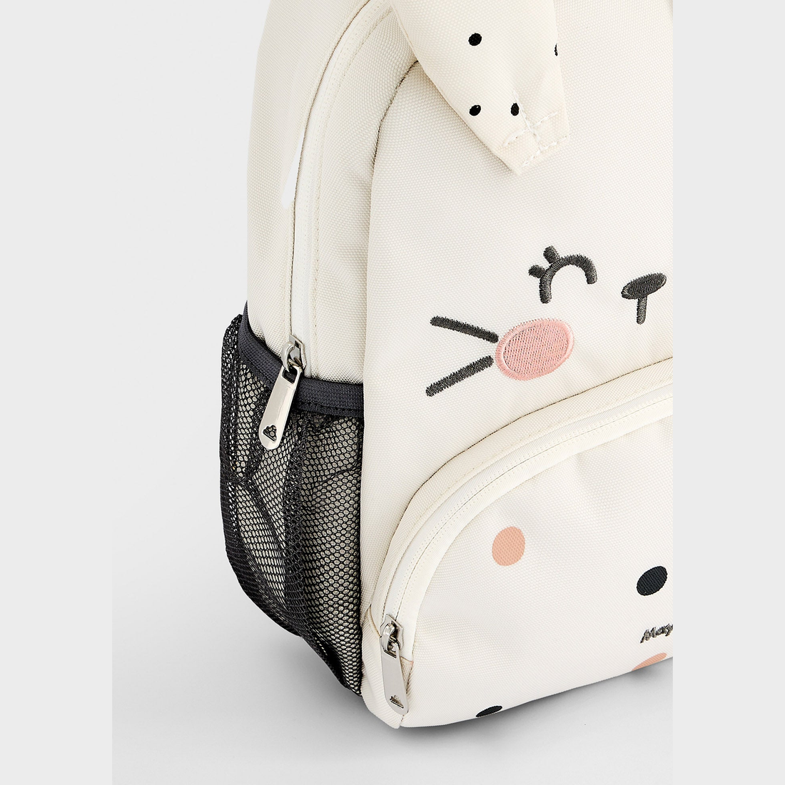 Mayoral Baby Animal Daycare Backpack - Bunny close-up of front panel, straps and fastening details