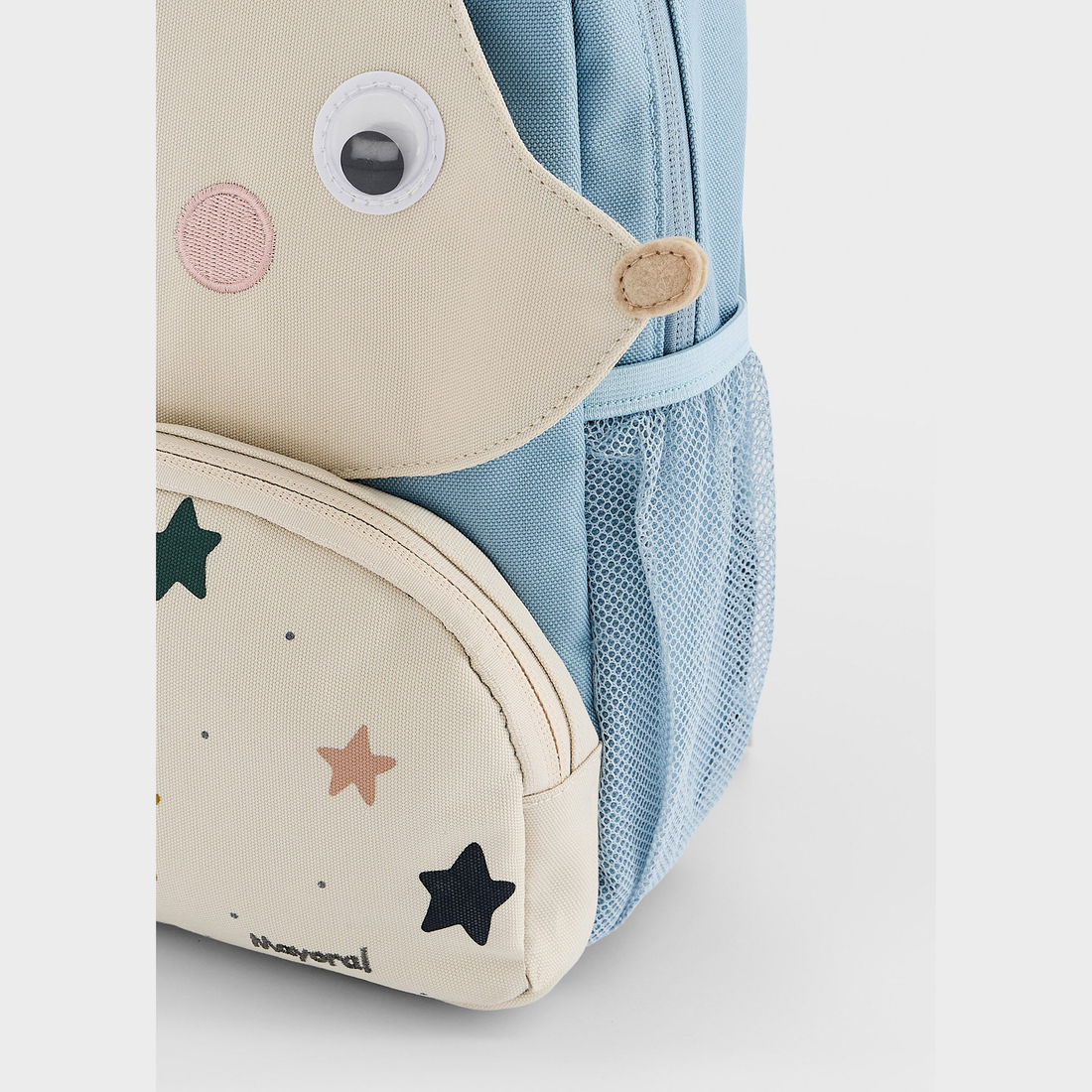 Mayoral Baby Animal Daycare Backpack - Hedgehog close-up of front panel, straps and fastening details