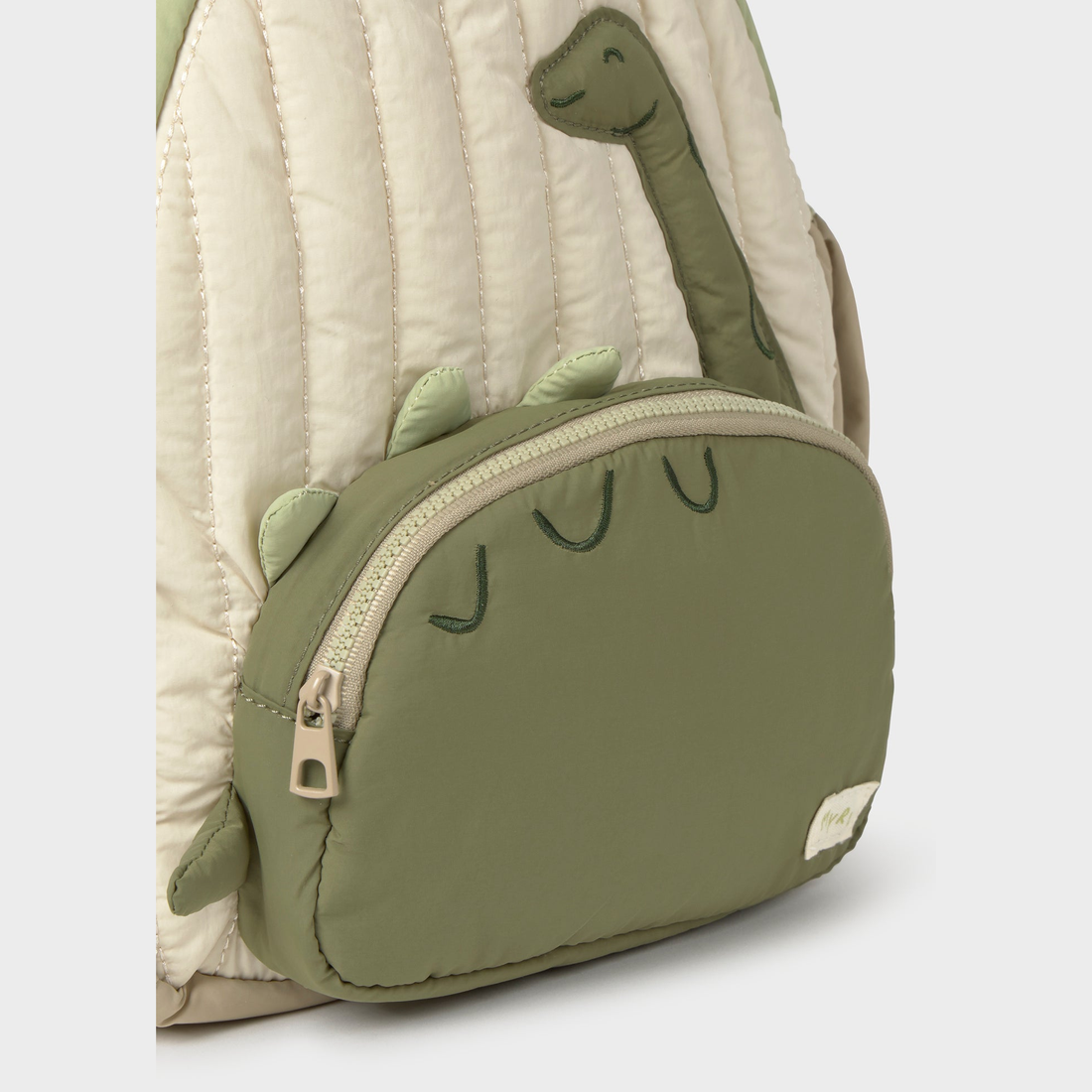 Mayoral Baby Dinosaur Backpack - Bayleaf close-up of front panel, straps and fastening details