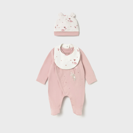 Mayoral Newborn Girl Bear Pajama with Hat and Bib Set - Baby Rose