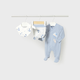 Mayoral Newborn Girl Bear Pajama with Hat and Bib Set - Sky