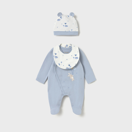 Mayoral Newborn Girl Bear Pajama with Hat and Bib Set - Sky
