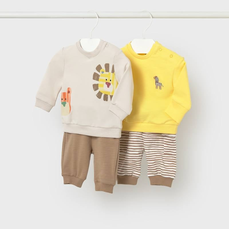 MAYORAL Mayoral Baby 4 Piece Knit Set Mustard Animal appliques with striped and solid pants img 1/4