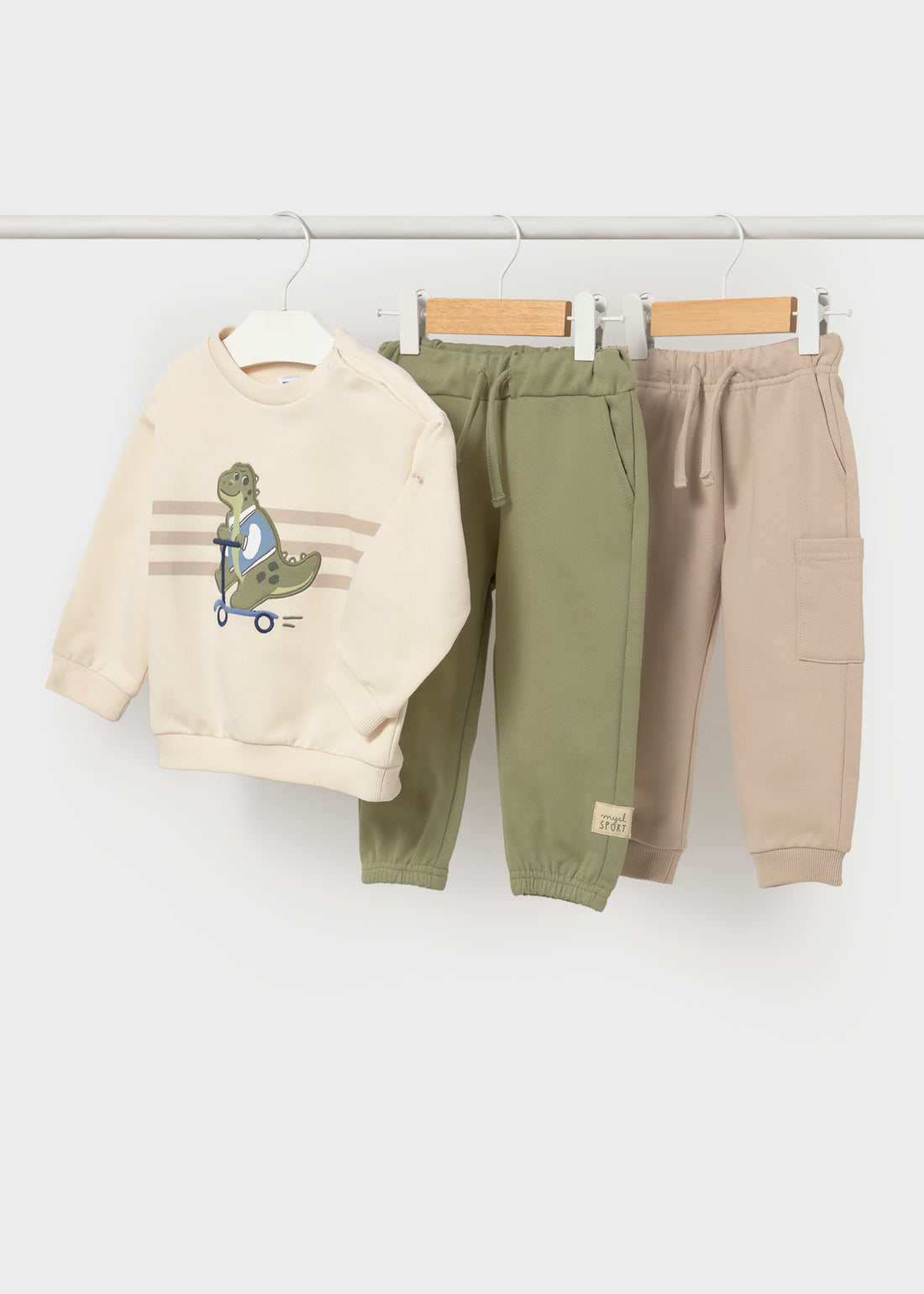 Mayoral Baby 2-Pants Tracksuit - Bayleaf coordinated pieces arranged together