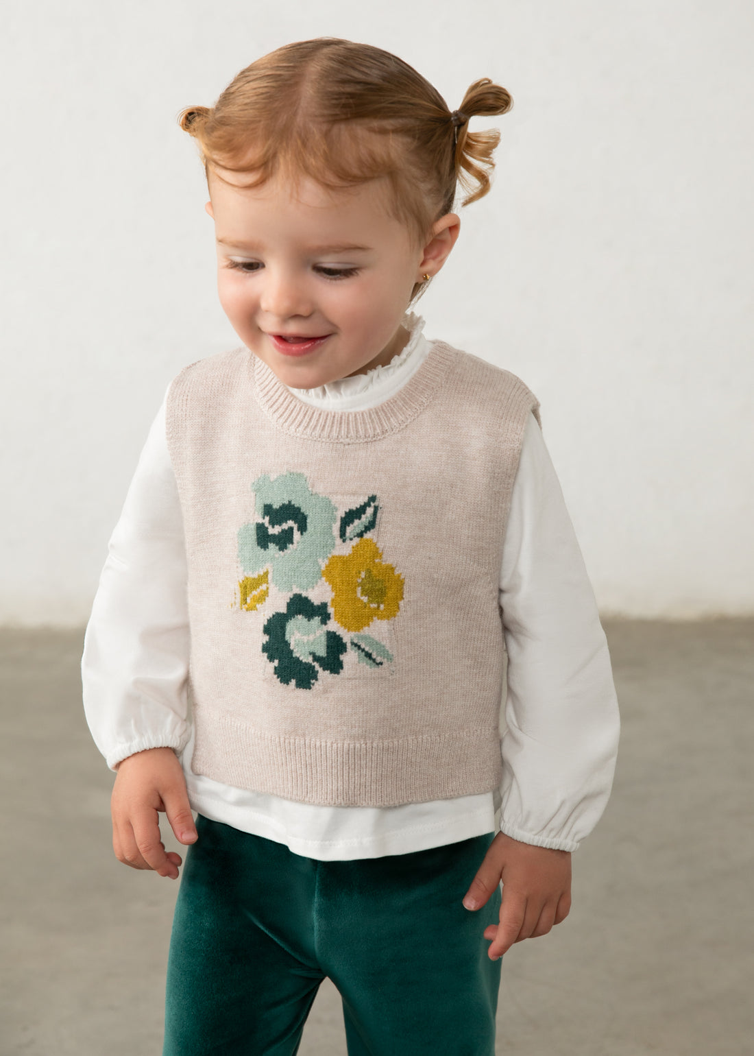 Mayoral Baby 3-Piece Vest Set - Nenufar Green worn by a child in a close lifestyle scene