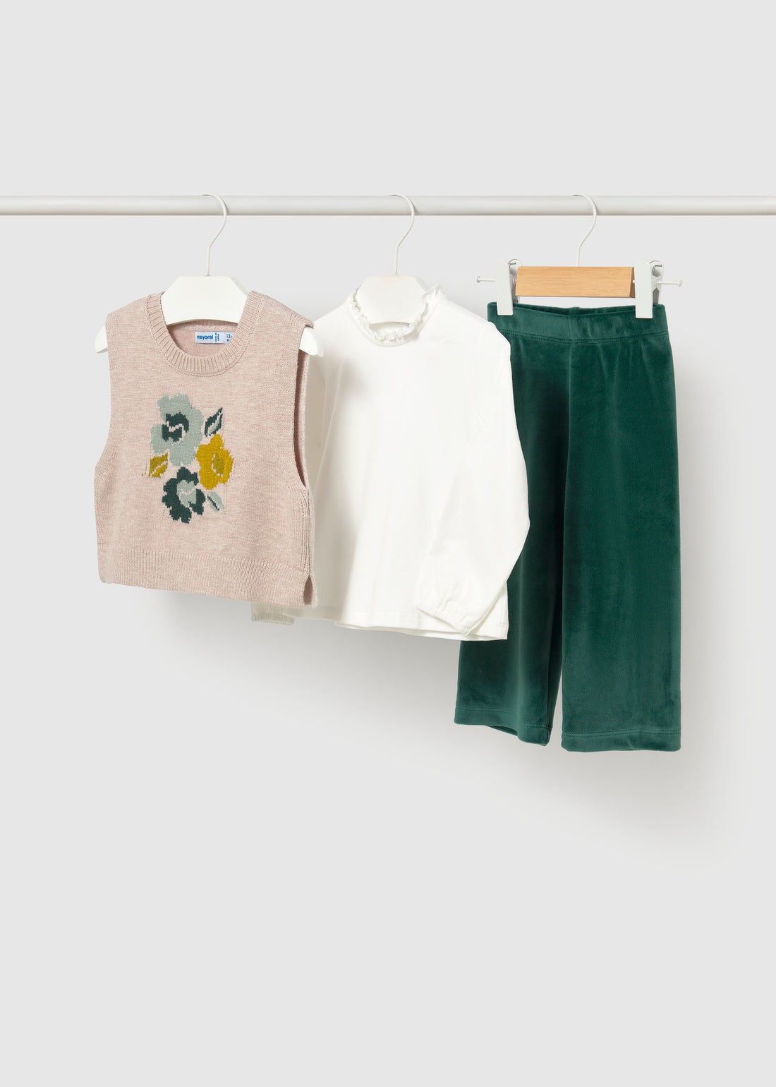 Mayoral Baby 3-Piece Vest Set - Nenufar Green coordinated pieces arranged together