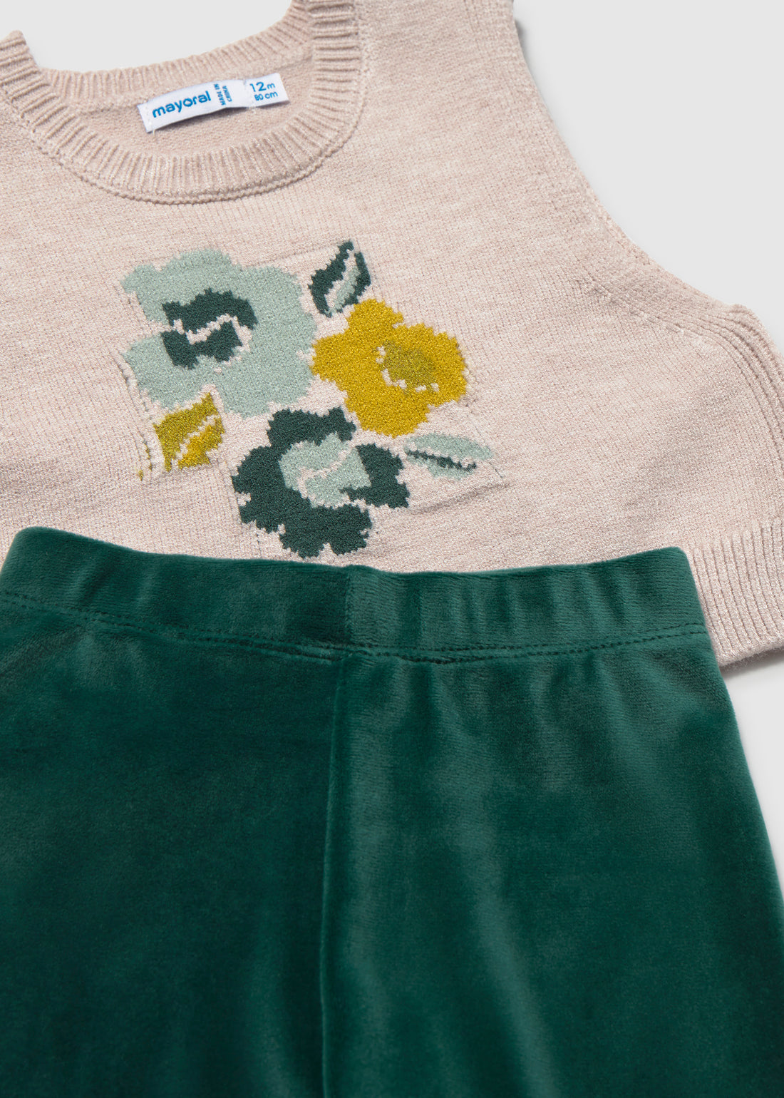 Mayoral Baby 3-Piece Vest Set - Nenufar Green close-up highlighting additional print, trim and construction details