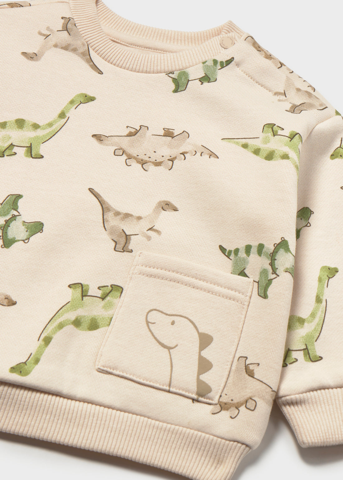 Mayoral Baby Animal Pocket Sweatshirt - Light Taupe close-up of neckline, trim and front design details