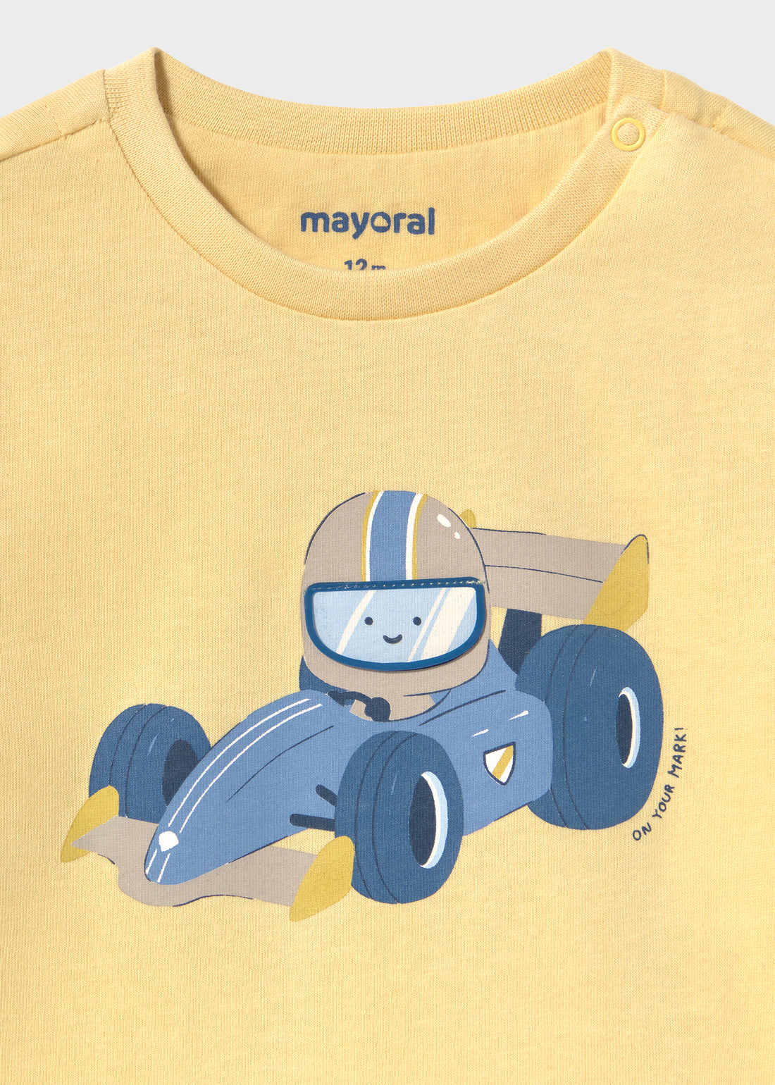 Mayoral Baby Cars T-Shirt - Corn close-up of neckline, trim and front design details