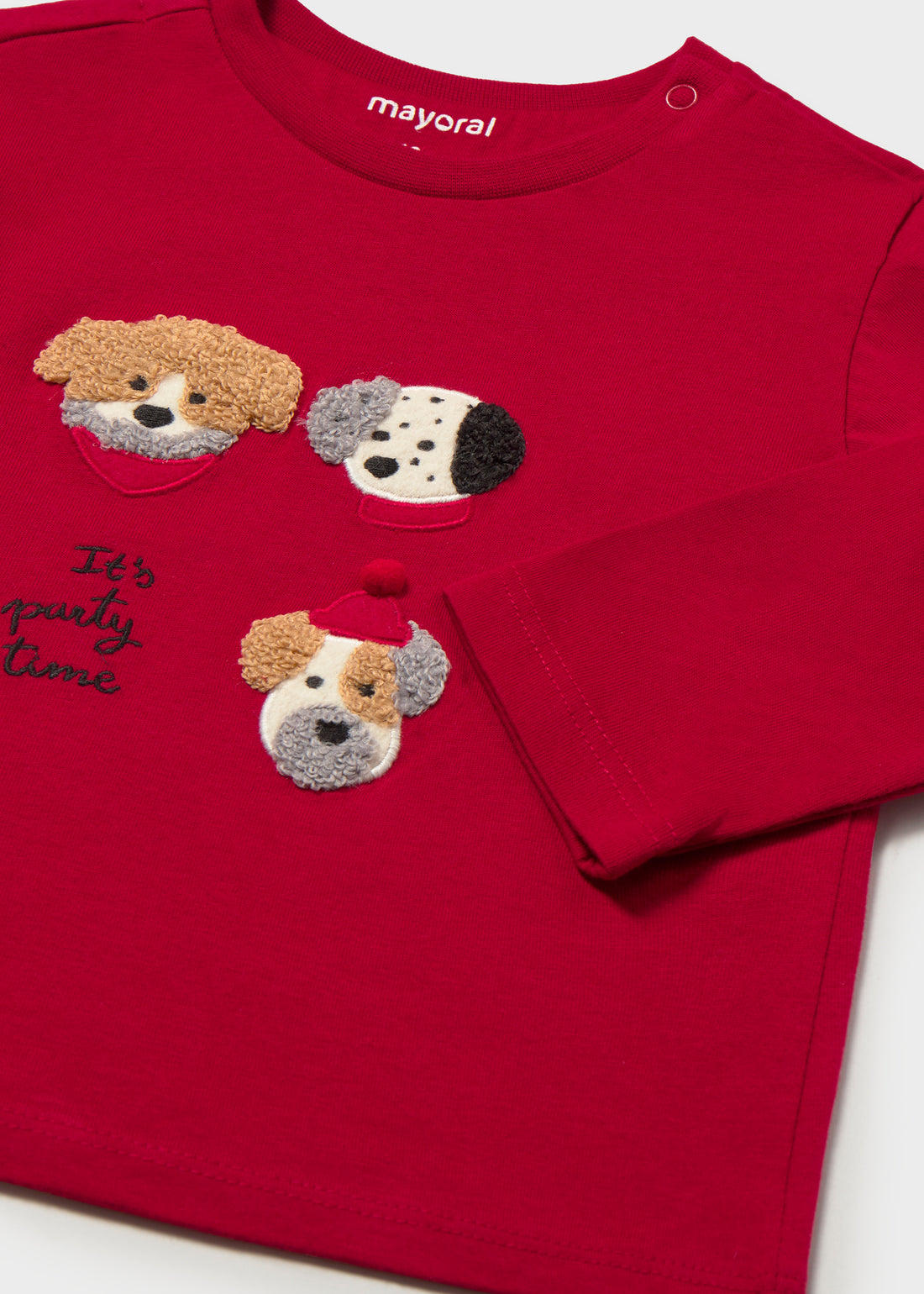 Mayoral Baby Embroidered T-Shirt - Red close-up of neckline, trim and front design details