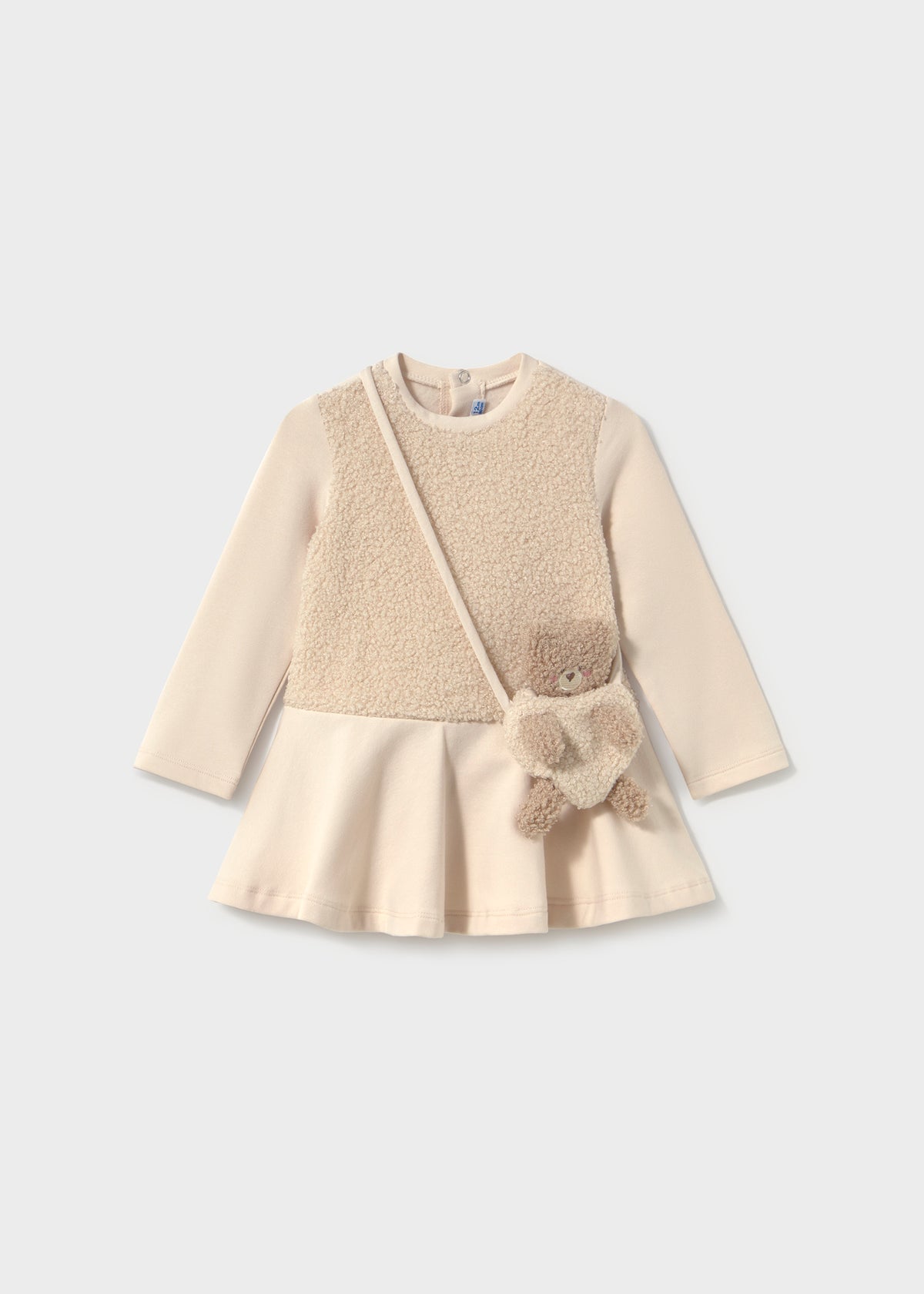 Mayoral Baby Mixed Fabric Dress With Teddy Bear Bag - Light Khaki