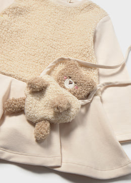 Mayoral Baby Mixed Fabric Dress With Teddy Bear Bag - Light Khaki