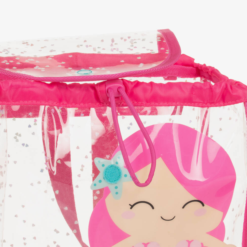 Mayoral Baby Transparent Beach Backpack with pink trim, clear bag showing mermaid illustration for easy visibility.