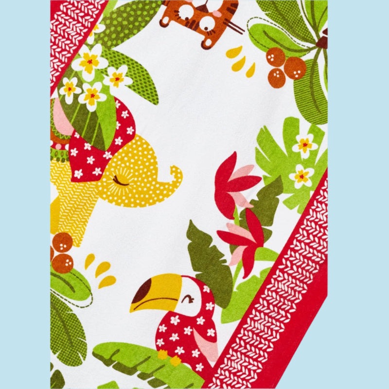 Mayoral beach towel, cotton, Granadine print with elephants and toucan, red border.