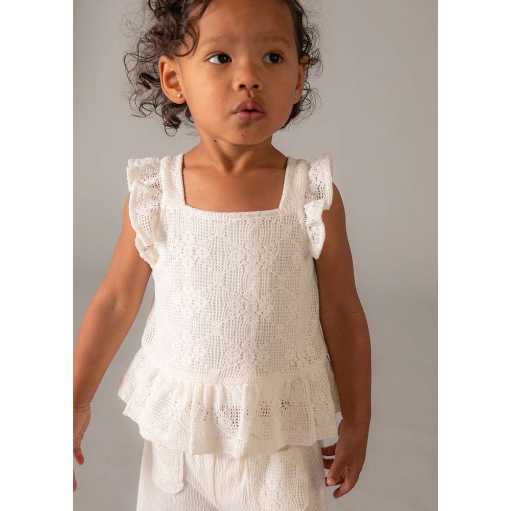 MAYORAL Mayoral Baby Combined Long Pants Set Natural eyelet knit top with flutter straps and tiered peplum ruffle img 3/6