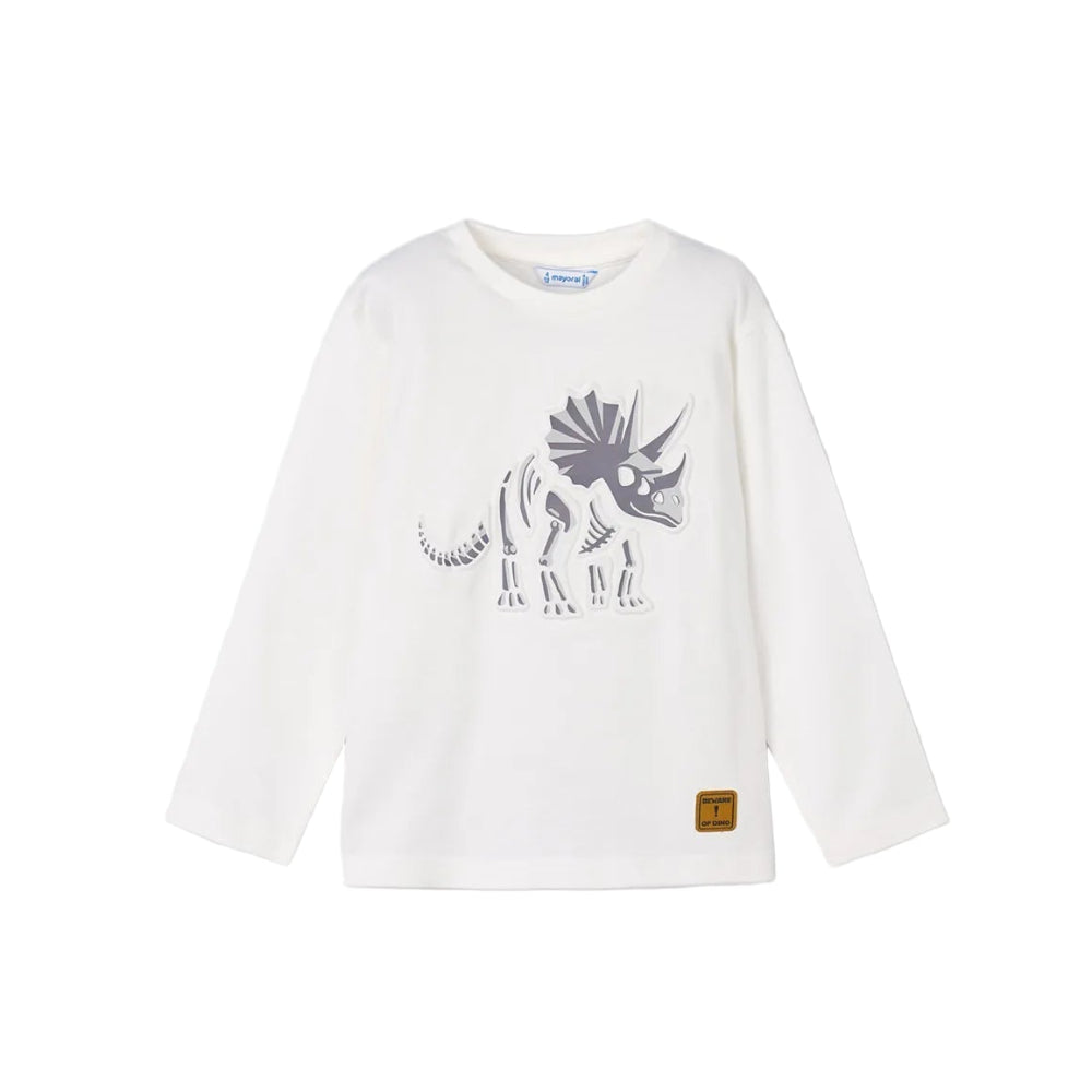 MAYORAL cream cotton dinosaur shirt for babies with grey stegosaurus graphic