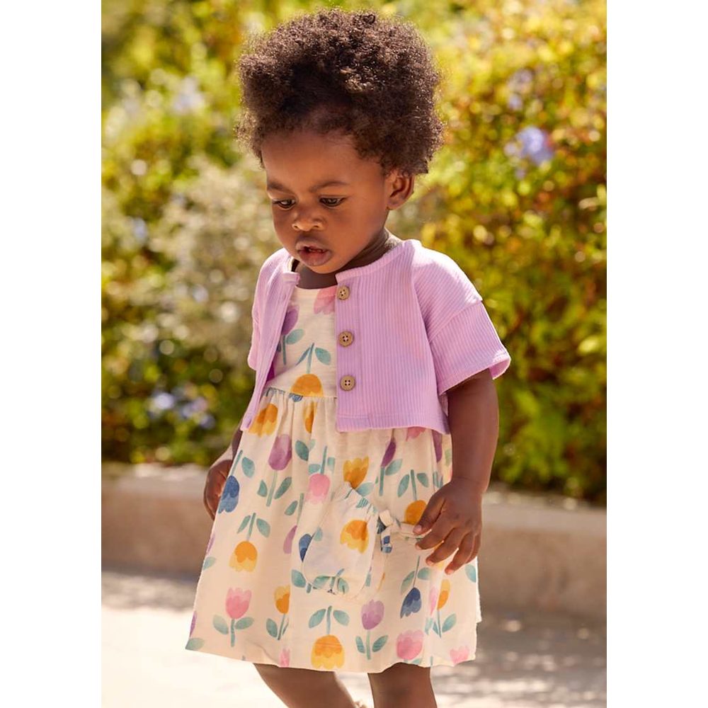 MAYORAL Mayoral Baby 2 Piece Dress Set Lilac Ribbed cardigan with wooden buttons over floral print dress img 2/5