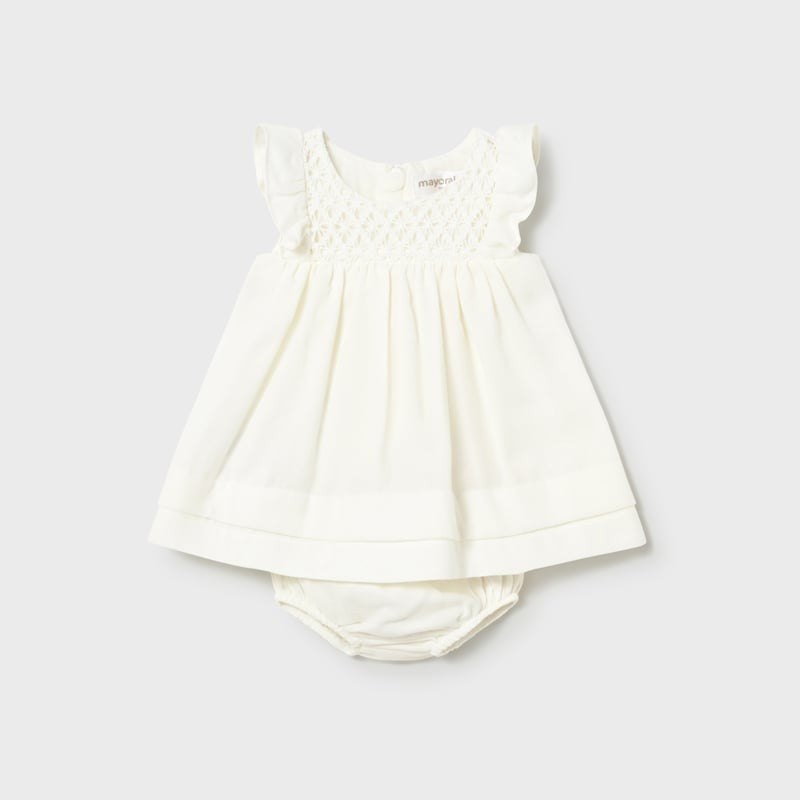 MAYORAL Mayoral Baby Dress Pottery with smocked bodice, flutter sleeves, and matching bloomers img 1/3