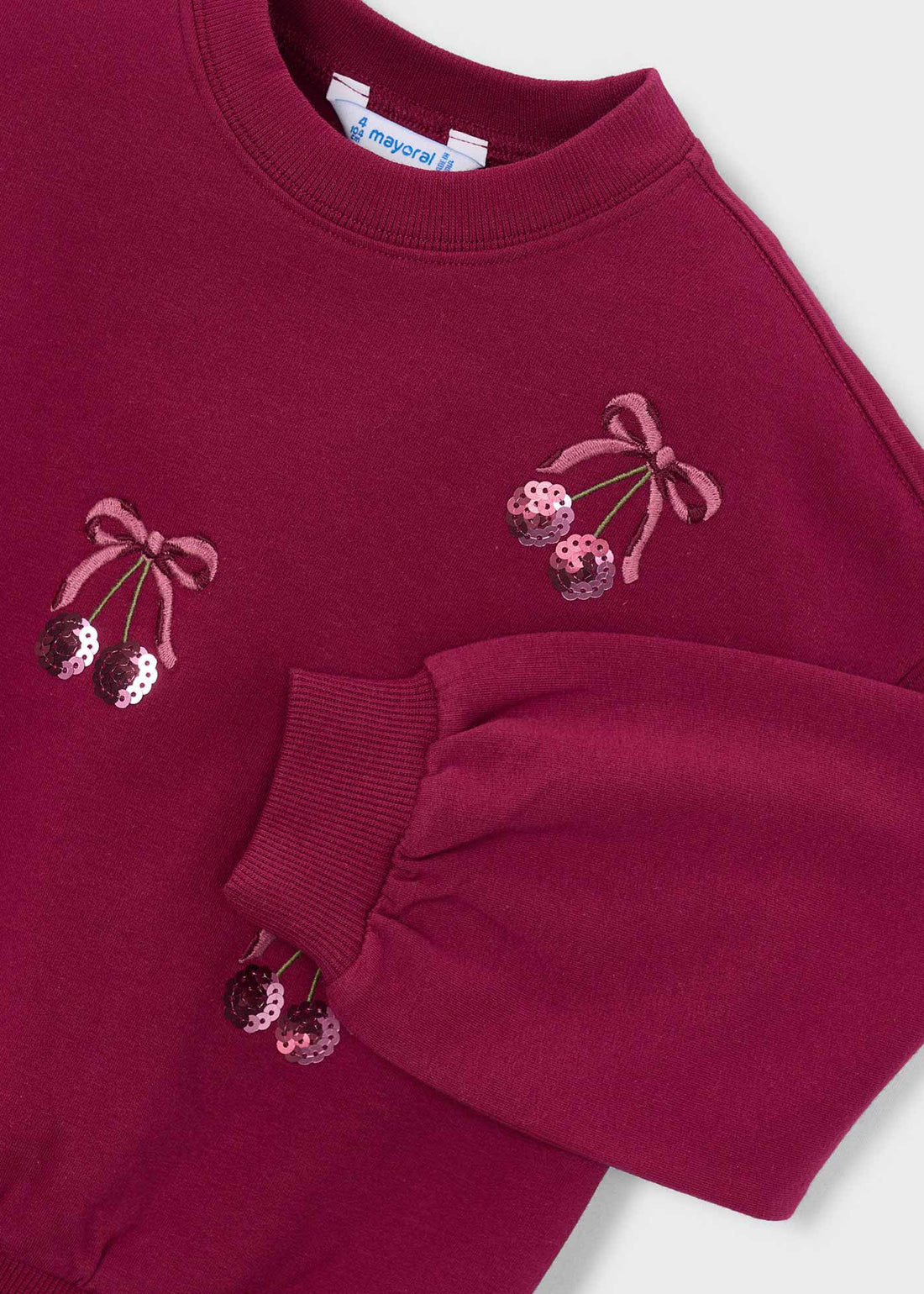 Mayoral Girl Embroidered Sweatshirt - Cherry close-up of neckline, trim and front design details